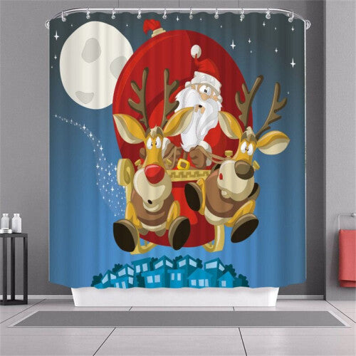 (Reindeer, 150x180cm) Christmas Shower Curtain With Hook Waterproof Fabric Bathroom Santa Claus Xmas