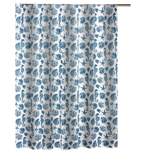 Riga 72 Inch Shower Curtain  Blue Seashells Print  Button Holes  Microfiber