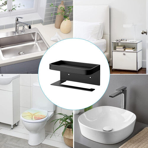 Roll Holder Self Adhesive Toilet Paper Holders with Shelf Black Tissue Holder with Phone Shelf for Bathroom