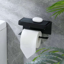 Roll Holder Self Adhesive Toilet Paper Holders with Shelf Black Tissue Holder with Phone Shelf for Bathroom