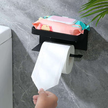 Roll Holder Self Adhesive Toilet Paper Holders with Shelf Black Tissue Holder with Phone Shelf for Bathroom