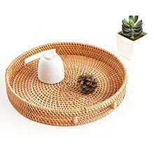 Round Rattan Serving Tray Decorative Woven Ottoman Trays with Handles for Natural(Small)