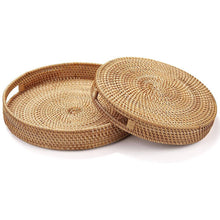 Round Rattan Serving Tray Decorative Woven Ottoman Trays with Handles for Natural(Small)