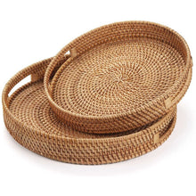 Round Rattan Serving Tray Decorative Woven Ottoman Trays with Handles for Natural(Small)