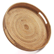 Round Rattan Serving Tray Decorative Woven Ottoman Trays with Handles for Natural(Small)