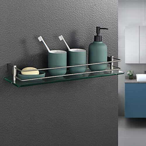 Sayayo Tempered Glass Shelf Bathroom Shelf with Rail Wall Mounted 20 inches, Stainless Steel Brushed Finished, EGC1000