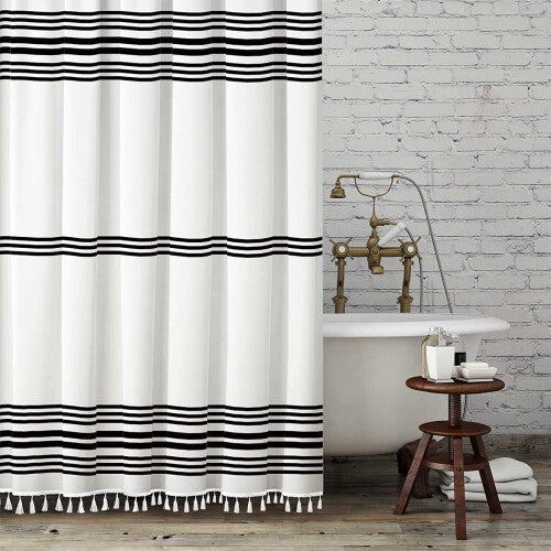 Seasonwood Black and White Shower Curtain with Tassels Farmhouse Shower Curtain Fabric Shower Curtains for Bathroom Heavy Weight