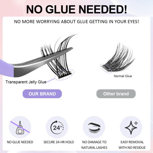 Self Adhesive Eyelashes Reusable Press-On Lashes, Mixed 9-14MM D Curl Cluster Lashes, No Glue Needed, Portability, Invisible Band, Natural, Pre Glued