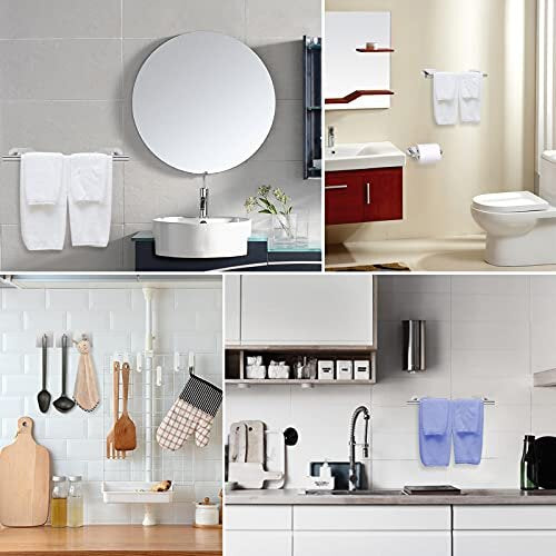 Self Adhesive Towel Rail, JiGiU 5 Pieces Bathroom Accessories Kit 16 inch/40cm Wall Mounted Towel Holder Toilet Paper Holder & 3 Towel Hook 304