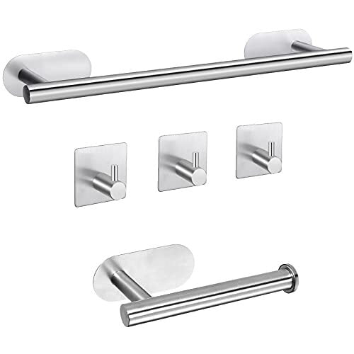 Self Adhesive Towel Rail, JiGiU 5 Pieces Bathroom Accessories Kit 16 inch/40cm Wall Mounted Towel Holder Toilet Paper Holder & 3 Towel Hook 304