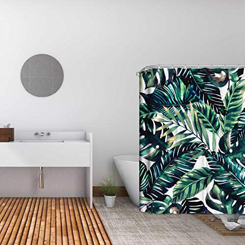 Shower Curtain Fabric, Printed Waterproof Shower Curtain 180 * 180cm, Dark Green Painted Plantain Bamboo Leaf Waterproof and Mildewproof White