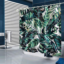 Shower Curtain Fabric, Printed Waterproof Shower Curtain 180 * 180cm, Dark Green Painted Plantain Bamboo Leaf Waterproof and Mildewproof White