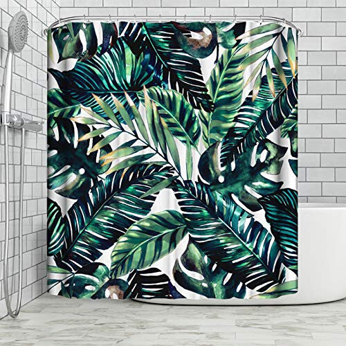 Shower Curtain Fabric, Printed Waterproof Shower Curtain 180 * 180cm, Dark Green Painted Plantain Bamboo Leaf Waterproof and Mildewproof White