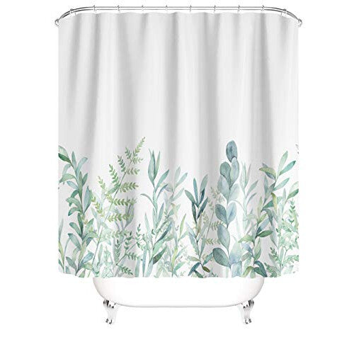 Shower Curtain Green Leaves Flowers Plants Bathroom Textile Curtain with Anti-Mould Effect Washable Shower Curtain Bath Tub Including 12 C-Rings with