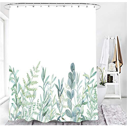 Shower Curtain Green Leaves Flowers Plants Bathroom Textile Curtain with Anti-Mould Effect Washable Shower Curtain Bath Tub Including 12 C-Rings with