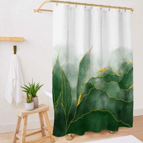 Shower Curtain Ombre Green Gold, Modern Sets for Bathroom Art Decor, Mixed Golden Lines Striped,72x84 Inches 12 Hook