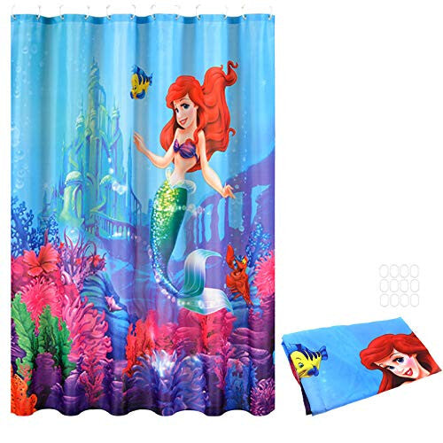 Shower Curtain, Underwater Little Mermaid Ariel Family Bathroom Waterproof Polyester with 12 Hooks 180x 180cm 70x70 inch