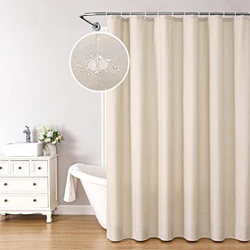 Shower Curtain Waterproof Anti Mould Resistant- Linen Textured Decorative Bathroom Shower Curtains with 12 Hooks 180x180cm, Beige/Cream