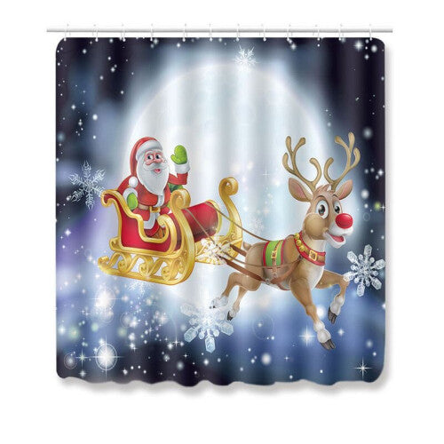 (Sleigh-180x180cm) 4pcs Christmas Shower Curtain Toilet Cushion Set Cover Mat Pad Rug Bathroom Xmas