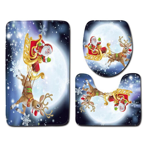 (Sleigh-3pcs-45x75cm) Xmas Cover Mat Pad Rug Bathroom 4pcs Christmas Shower Curtain Toilet Cushion Set