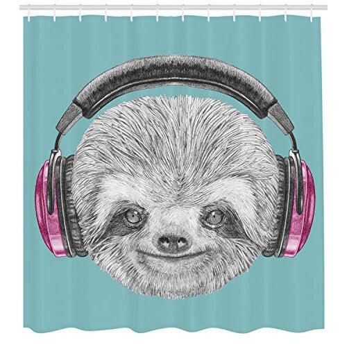 Sloth Shower Curtain, DJ Animal Portrait Headphones Funny Modern Character Cool Smiling, Cloth Fabric Bathroom Decor Set with Hooks, 70 Inches, Teal