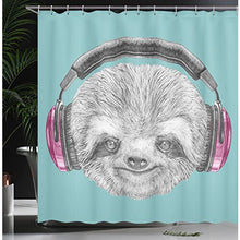 Sloth Shower Curtain, DJ Animal Portrait Headphones Funny Modern Character Cool Smiling, Cloth Fabric Bathroom Decor Set with Hooks, 70 Inches, Teal