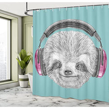 Sloth Shower Curtain, DJ Animal Portrait Headphones Funny Modern Character Cool Smiling, Cloth Fabric Bathroom Decor Set with Hooks, 70 Inches, Teal