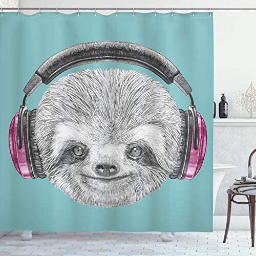 Sloth Shower Curtain, DJ Animal Portrait Headphones Funny Modern Character Cool Smiling, Cloth Fabric Bathroom Decor Set with Hooks, 70 Inches, Teal