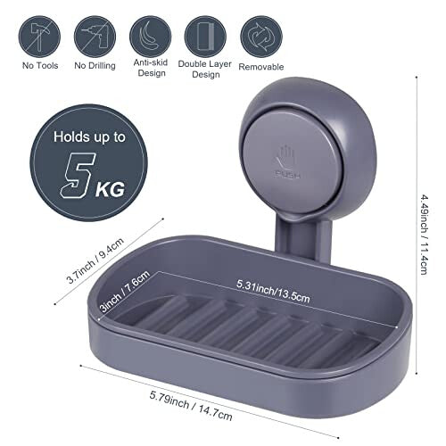 Soap Dish, Uten Suction Cup Soap Holder, No Drilling, Bottom Groove Design, Soap Box for Shower, Bath, Tub and Kitchen Sink - Gray