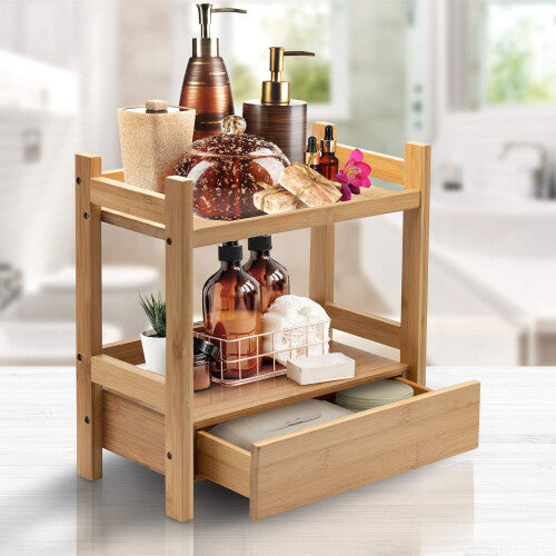 Sorbus 2-Tier Bamboo Countertop Shelf with Hidden Drawer - Makeup Organizer - Multi-Purpose Storage for Skincare  Toiletries  Desktop - Disp