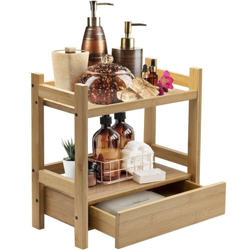 Sorbus 2-Tier Bamboo Countertop Shelf with Hidden Drawer - Makeup Organizer - Multi-Purpose Storage for Skincare  Toiletries  Desktop - Disp