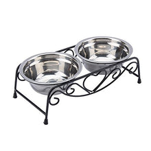 Stainless Steel Double Twin Pet Bowl Stand, Doub Cat Dog Pet Food Water Bowls Feeder Dishes Shelf Retro Iron Stand Raised Dog Feeding Bowl Pet