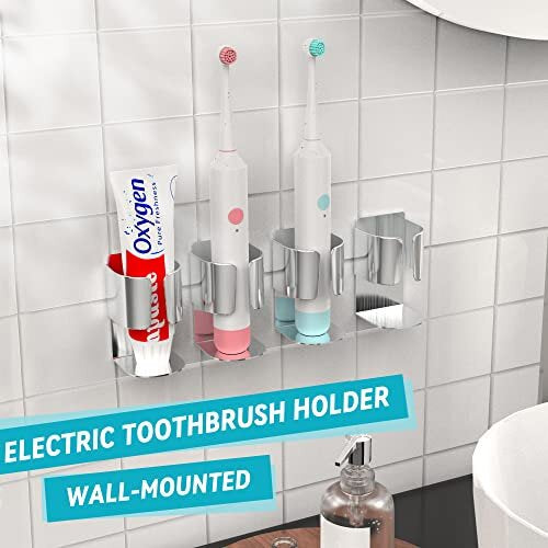 Stainless Steel Electric Toothbrush Holders, 4Pcs Wall Mounted Electric Toothbrush Stand with 3M Sticker Toothpaste Organizer for Bathroom