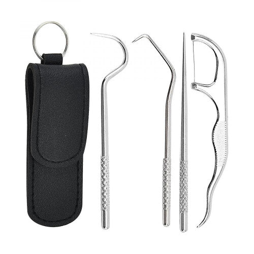 Stainless Steel Toothpick Cleaning Tool Black Leather Case + 4 Pack