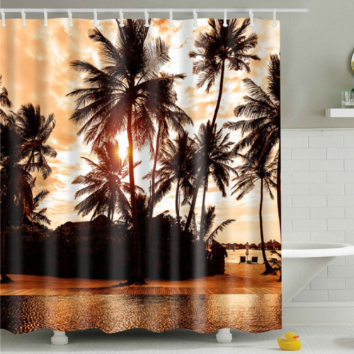 (Standard, 2) Palm Printed Polyester Waterproof Bath Shower Curtain Brown L