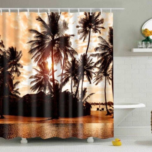 (Standard, 2) Palm Printed Polyester Waterproof Bath Shower Curtain Brown L