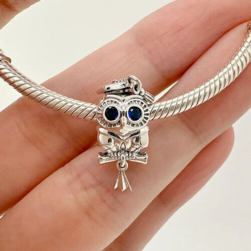 Sterling Silver Graduation Wise Owl Silver Charm for Woman bracelet