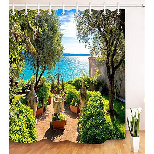 Sunny seaside garden with beautiful scenery Bathroom decoration, 3D HD, polyester waterproof shower curtain, 12 hooks, 180X180cm, bathroom essential