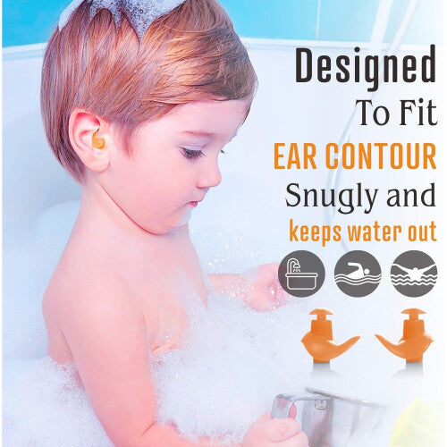 Swimming Ear Plugs, 2 Pairs Reusable Waterproof Silicone Ear Plugs for Pool-Sea-Bath-Swimming & Water Sports Child Size (Orange)