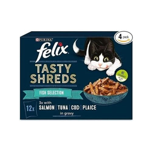 Tasty Shreds Cat Food Fish Selection in Gravy 12x80 g (Pack of 4)