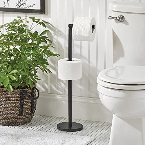 Toilet Paper Holder — Modern Toilet Roll Dispenser for Bathrooms — Freestanding Toilet Roll Holder — Black