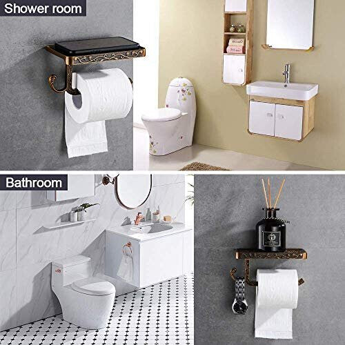 Toilet Paper Holder with Spacious Shelf Solid Toilet Roll Tissue Holder with Mobile Phone Shelf Wall Mounted for Bathroom Retro Vintage Style (Gold)