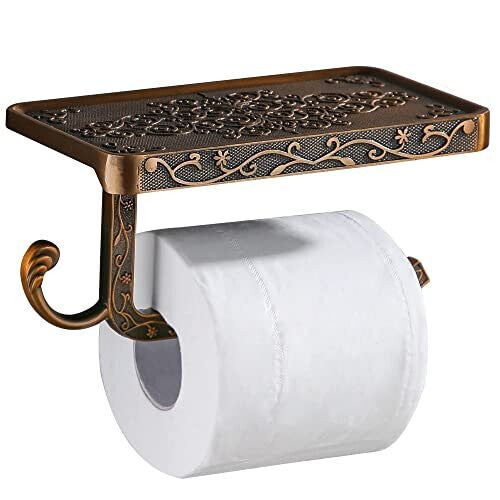 Toilet Paper Holder with Spacious Shelf Solid Toilet Roll Tissue Holder with Mobile Phone Shelf Wall Mounted for Bathroom Retro Vintage Style (Gold)