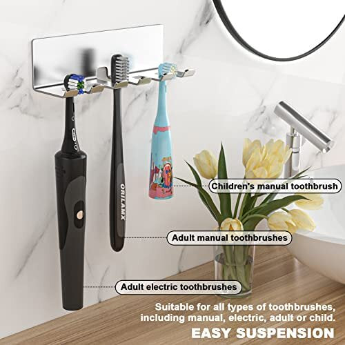 Toothbrush Holder Wall Mounted - Electric Tooth Brush Holder for Bathroom, Self Adhesive Non Screw Toothbrush Head Holder, Stainless Steel Metal