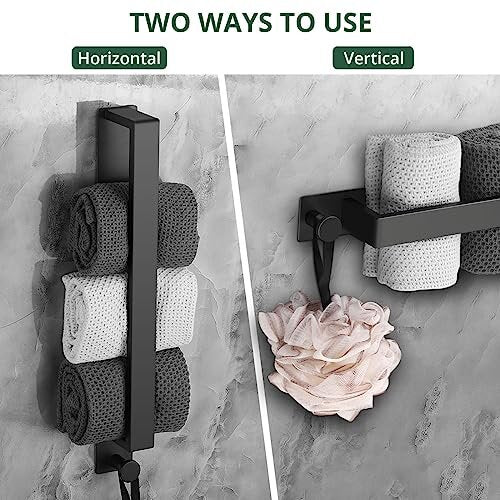 Towel Rail Wall Mounted, JiGiU Self Adhesive 40cm Black Towel Holder & Toilet Paper Holder No Drilling Stainless Steel Towel Rack Bathroom Accessories