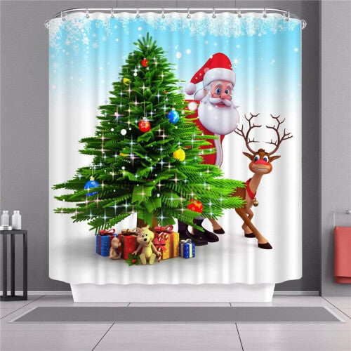 (Tree, 150x180cm) Christmas Shower Curtain With Hook Waterproof Fabric Bathroom Santa Claus Xmas