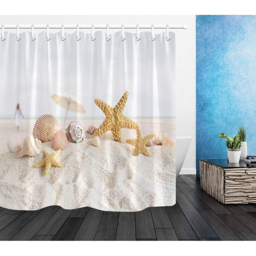 Tropical Beach Shower Curtains 150x180cm Starfish and Conch on White Sand Bathroom Curtains with Hooks, Waterproof Polyester Anti Mildew Bathroom