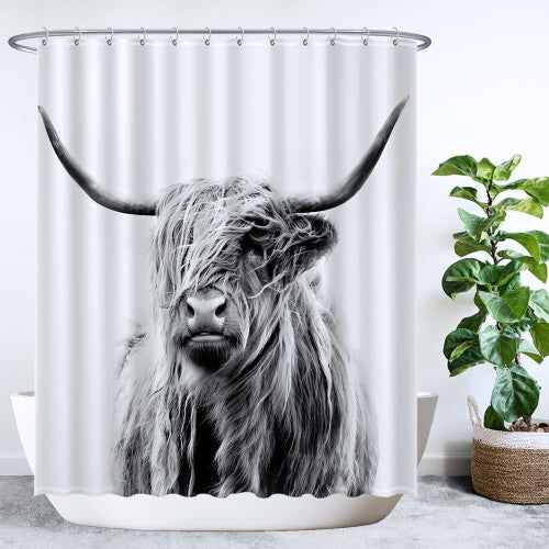 Ulticool Scottish Highlander Black White Shower Curtain - 180 x 200 cm - Washable - Waterproof - with 12 Rings