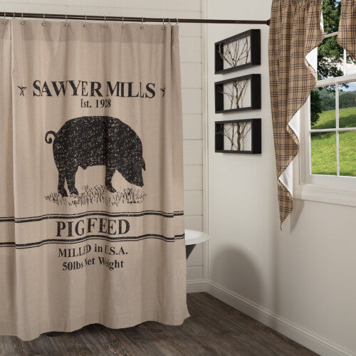 VHC Brands Sawyer Mill Pig Shower Curtain  Black  72x72