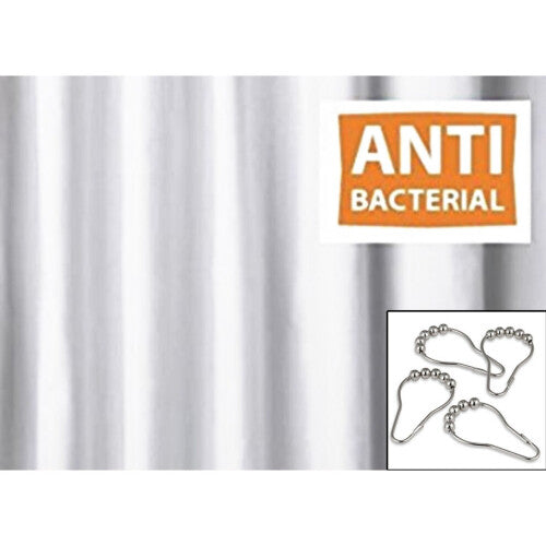 (W240 X L180 with CHROME RINGS) WG WHITE ANTI-BACTERIAL FABRIC SHOWER CURTAIN with CHROME RINGS - VARIOUS SIZES - STANDARD OR EXTRA SHORT/LONG/NARROW or WIDE